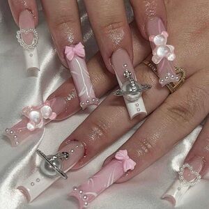 Long Square French Style Pink Ballet 3D Bow & Bear Pearl Rhinestone Coquette